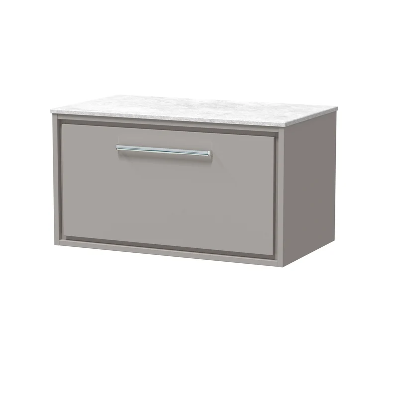 Lille 800mm Wall Hung 1 Drawer Vanity Unit & White Marble Worktop - Pebble Grey Matt