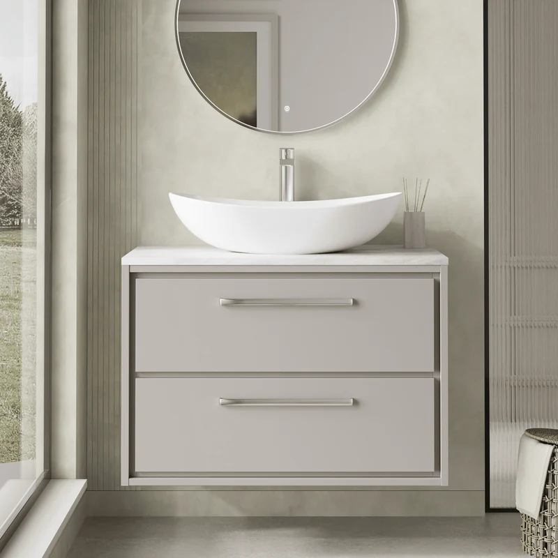 Lille 800mm Wall Hung 2 Drawer Vanity Unit & Grey Marble Worktop - Pebble Grey Matt