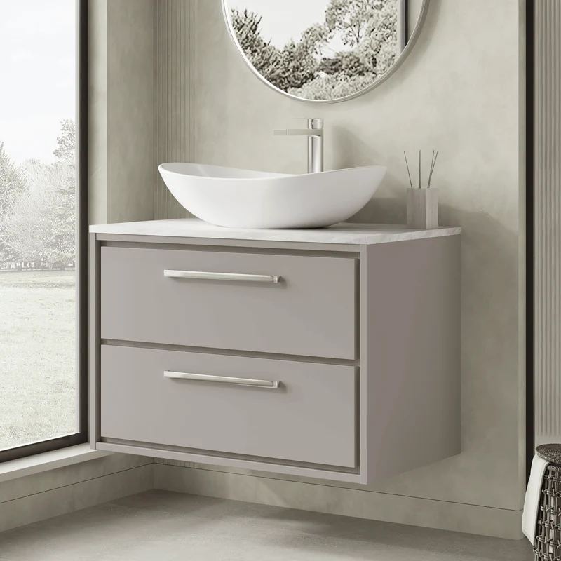 Lille 800mm Wall Hung 2 Drawer Vanity Unit & Grey Marble Worktop - Pebble Grey Matt