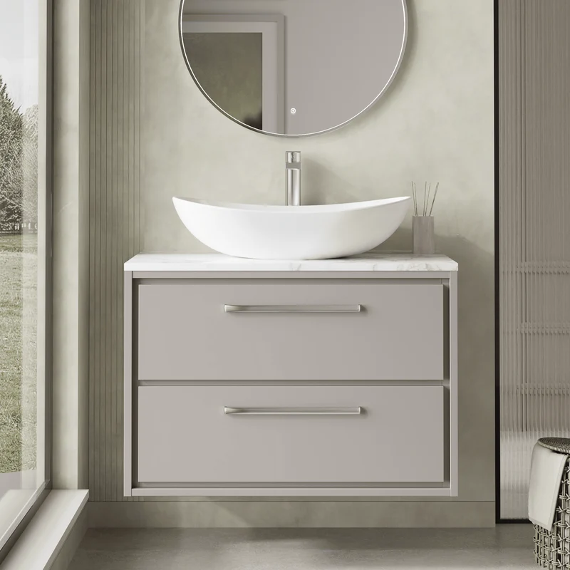 Lille 800mm Wall Hung 2 Drawer Vanity Unit & Carrera Marble Worktop - Pebble Grey Matt