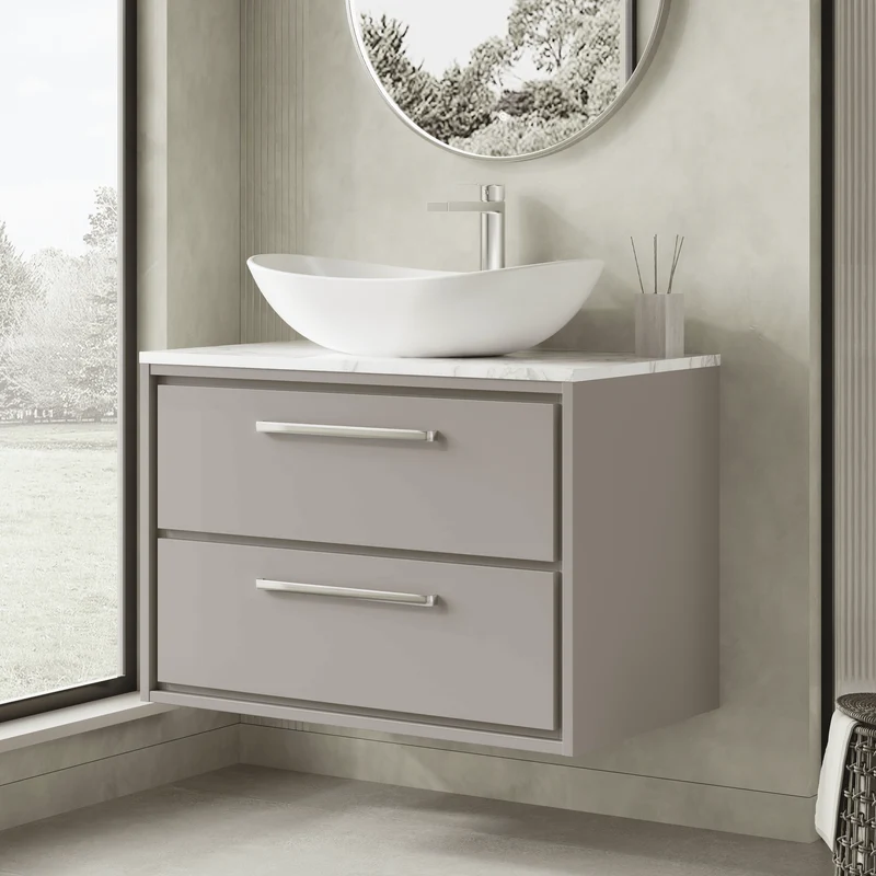 Lille 800mm Wall Hung 2 Drawer Vanity Unit & Carrera Marble Worktop - Pebble Grey Matt