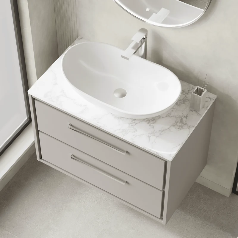 Lille 800mm Wall Hung 2 Drawer Vanity Unit & Carrera Marble Worktop - Pebble Grey Matt