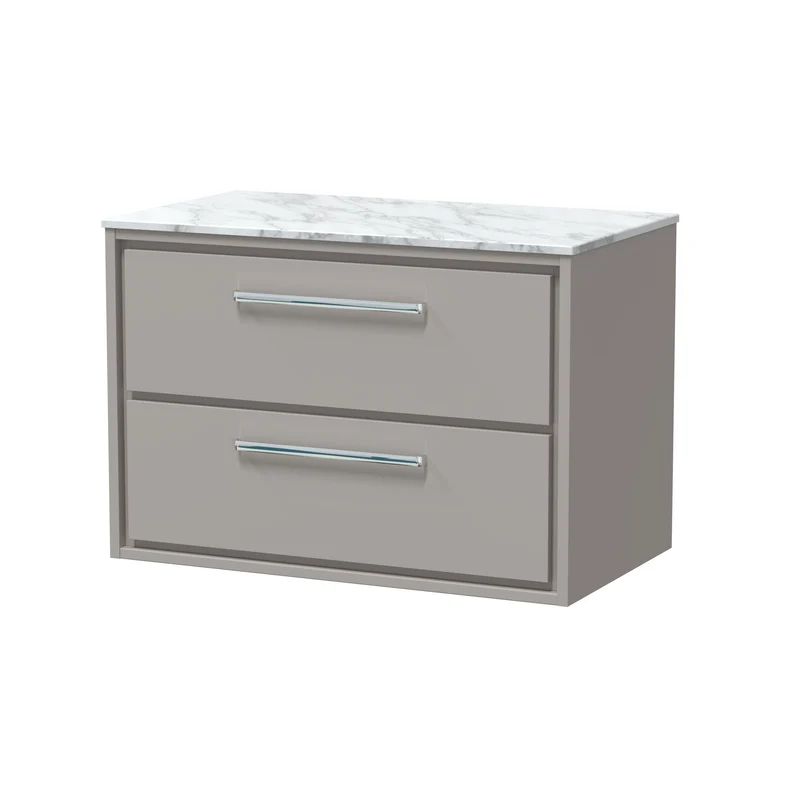 Lille 800mm Wall Hung 2 Drawer Vanity Unit & Carrera Marble Worktop - Pebble Grey Matt