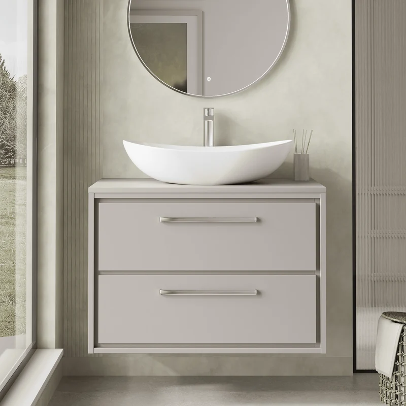 Lille 800mm Wall Hung 2 Drawer Vanity Unit & Worktop - Pebble Grey Matt