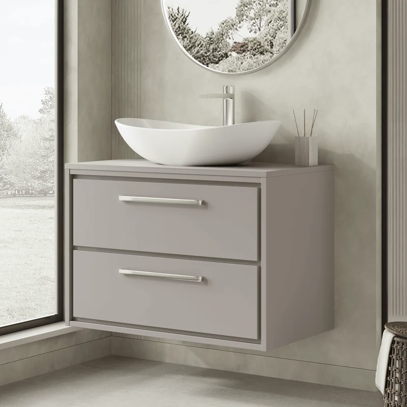 Lille 800mm Wall Hung 2 Drawer Vanity Unit & Worktop - Pebble Grey Matt