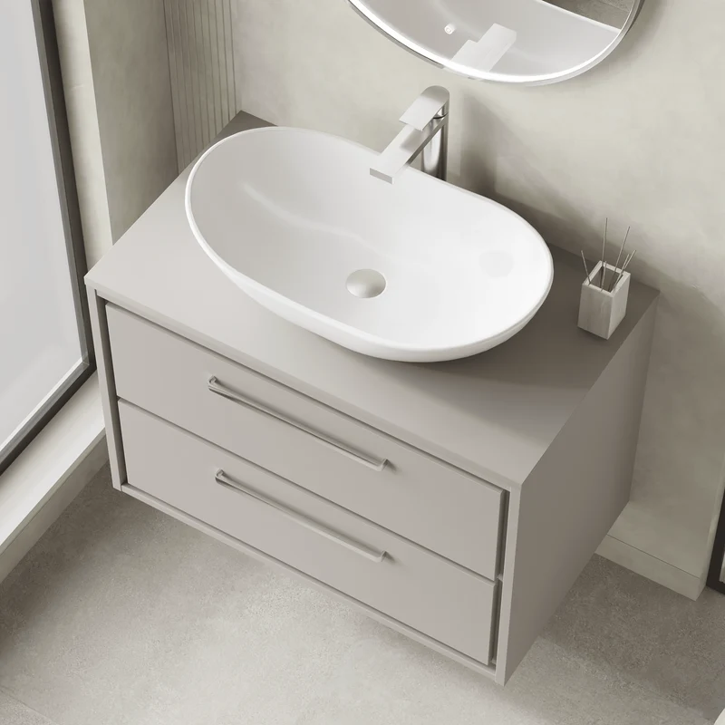 Lille 800mm Wall Hung 2 Drawer Vanity Unit & Worktop - Pebble Grey Matt