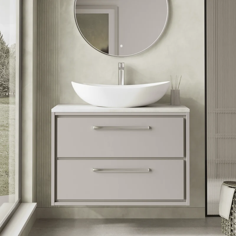Lille 800mm Wall Hung 2 Drawer Vanity Unit & White Marble Worktop - Pebble Grey Matt