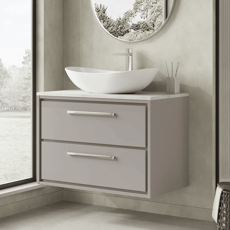 Lille 800mm Wall Hung 2 Drawer Vanity Unit & White Marble Worktop - Pebble Grey Matt