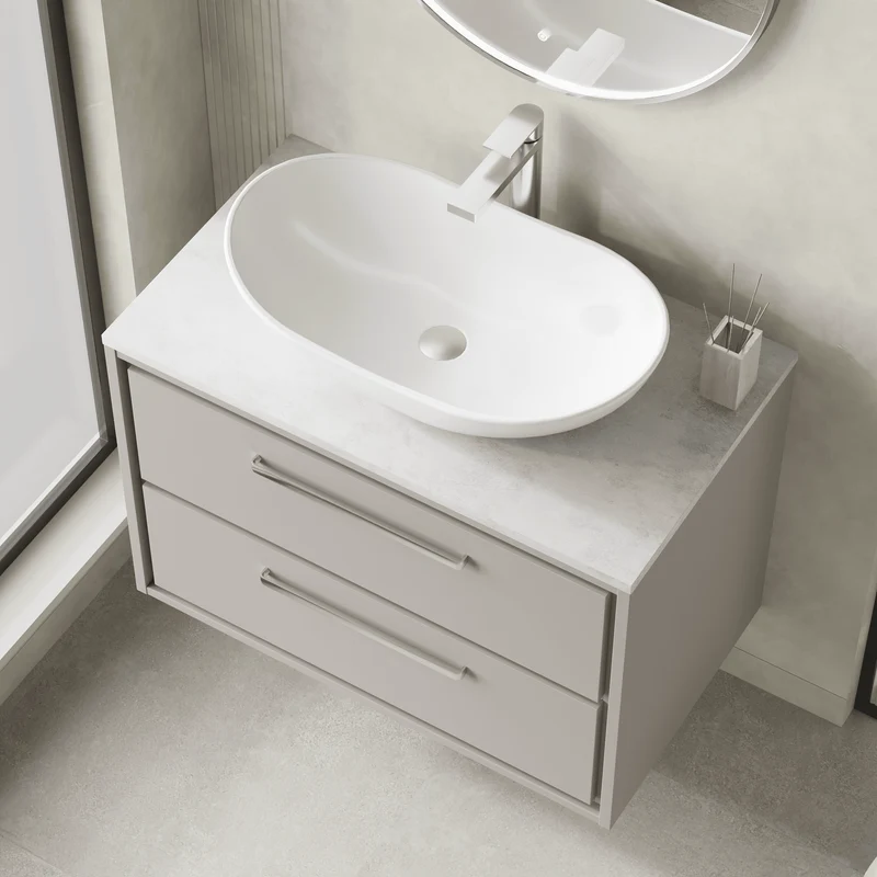 Lille 800mm Wall Hung 2 Drawer Vanity Unit & White Marble Worktop - Pebble Grey Matt