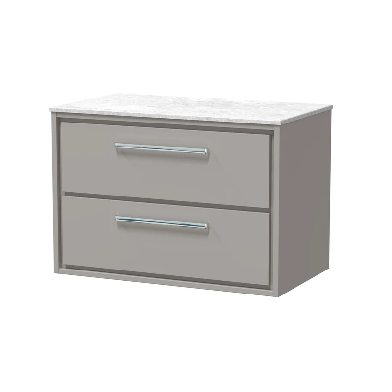 Lille 800mm Wall Hung 2 Drawer Vanity Unit & White Marble Worktop - Pebble Grey Matt