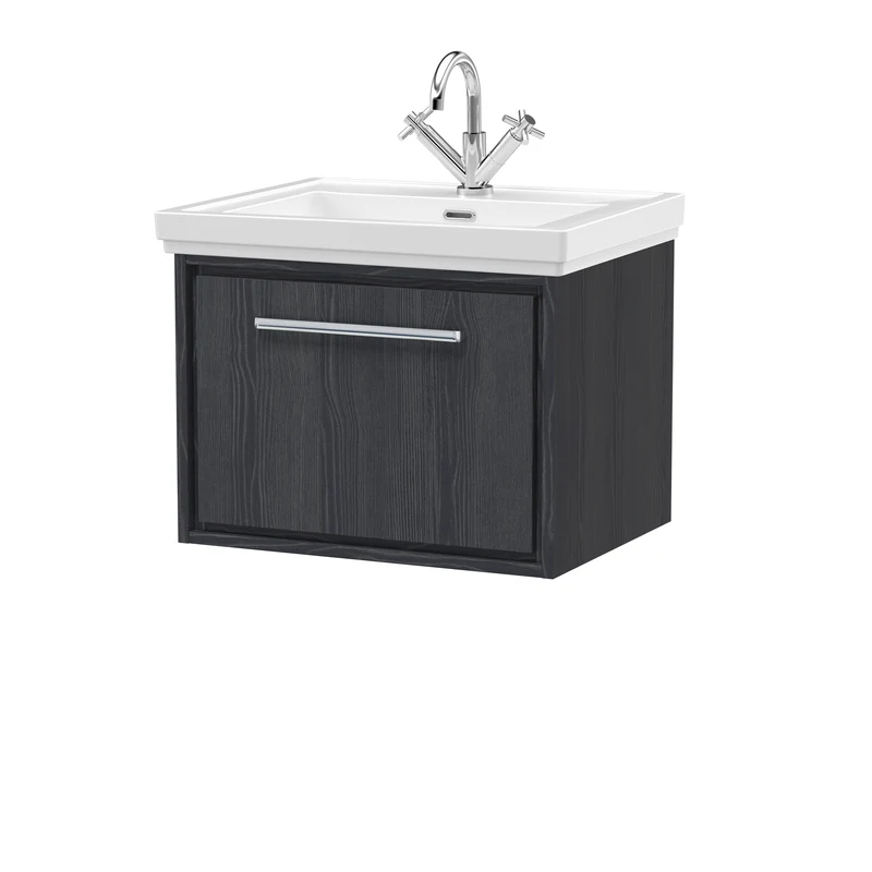 Lille 600mm Wall Hung 1 Drawer Vanity Unit & Traditional Fireclay Basin With 1 Tap Hole - Graphite Grey Woodgrain