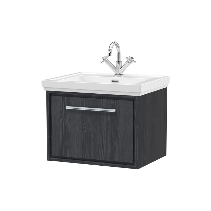Lille 600mm Wall Hung 1 Drawer Vanity Unit & Traditional Fireclay Basin With 1 Tap Hole - Graphite Grey Woodgrain
