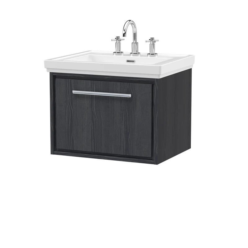 Lille 600mm Wall Hung 1 Drawer Vanity Unit & Traditional Fireclay Basin With 3 Tap Holes - Graphite Grey Woodgrain