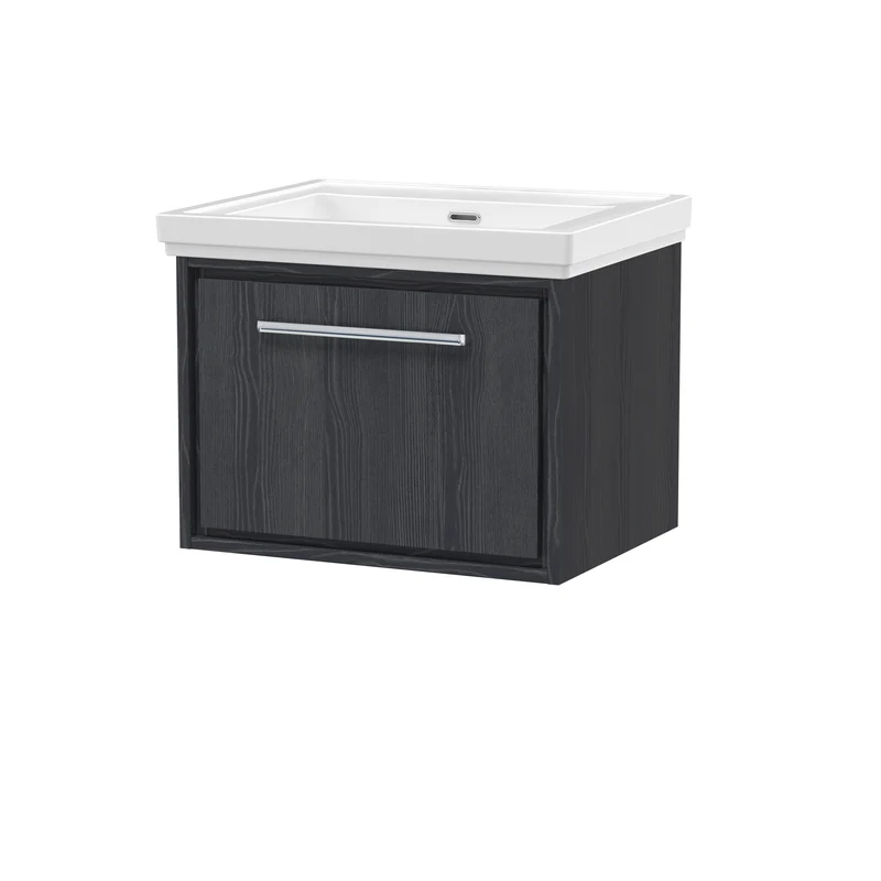 Lille 600mm Wall Hung 1 Drawer Vanity Unit & Traditional Fireclay Basin With No Tap Holes - Graphite Grey Woodgrain