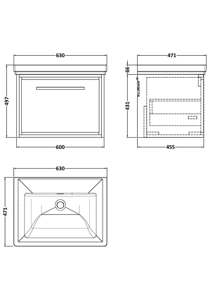 Lille 600mm Wall Hung 1 Drawer Vanity Unit & Traditional Fireclay Basin With No Tap Holes - Graphite Grey Woodgrain