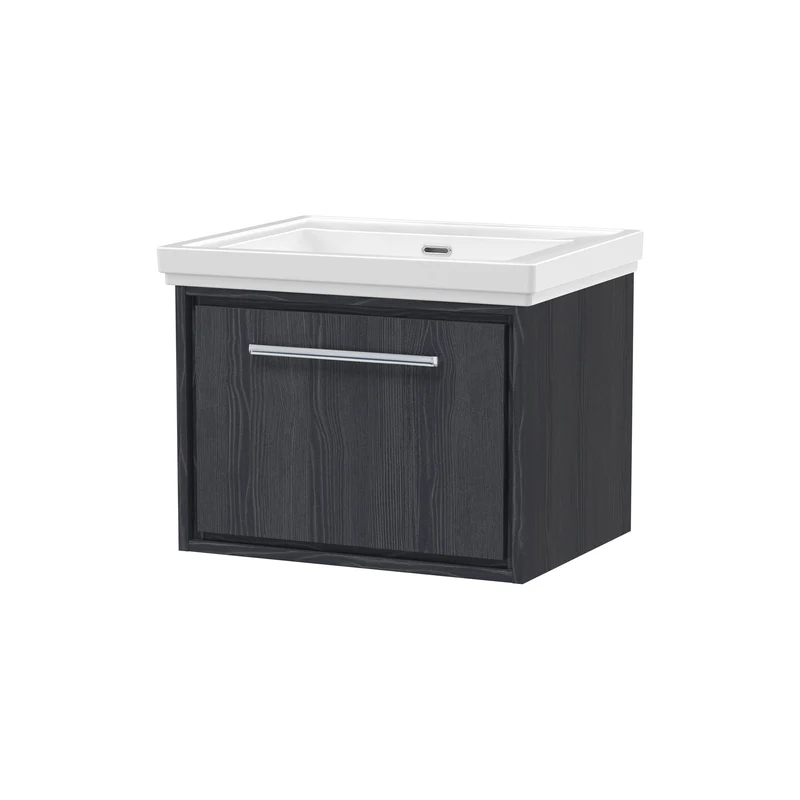Lille 600mm Wall Hung 1 Drawer Vanity Unit & Traditional Fireclay Basin With No Tap Holes - Graphite Grey Woodgrain