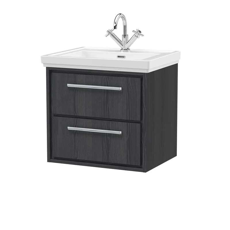 Lille 600mm Wall Hung 2 Drawer Vanity Unit & Traditional Fireclay Basin With 1 Tap Hole - Graphite Grey Woodgrain