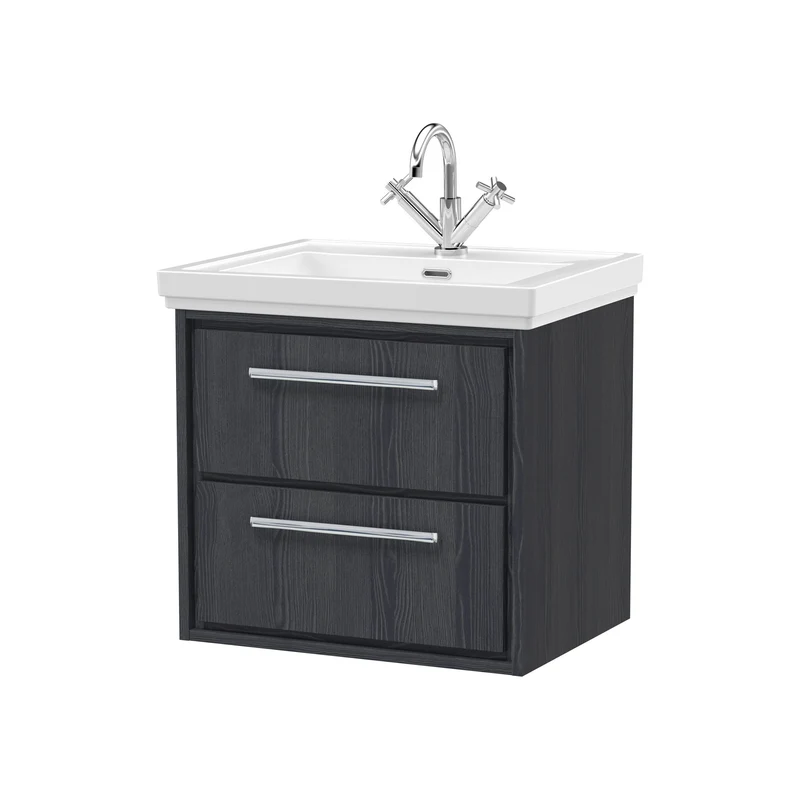 Lille 600mm Wall Hung 2 Drawer Vanity Unit & Traditional Fireclay Basin With 1 Tap Hole - Graphite Grey Woodgrain