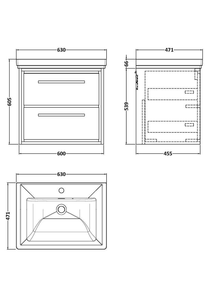 Lille 600mm Wall Hung 2 Drawer Vanity Unit & Traditional Fireclay Basin With 1 Tap Hole - Graphite Grey Woodgrain