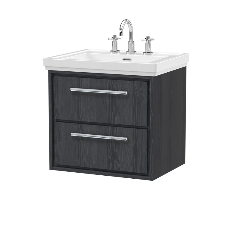 Lille 600mm Wall Hung 2 Drawer Vanity Unit & Traditional Fireclay Basin With 3 Tap Holes - Graphite Grey Woodgrain