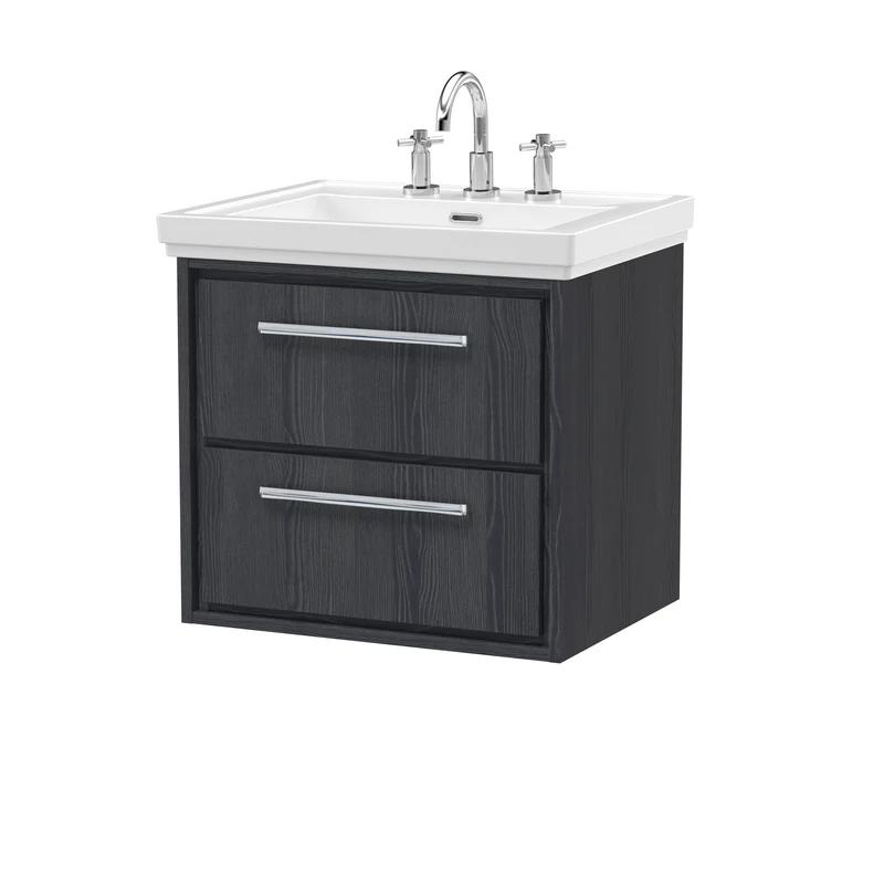 Lille 600mm Wall Hung 2 Drawer Vanity Unit & Traditional Fireclay Basin With 3 Tap Holes - Graphite Grey Woodgrain