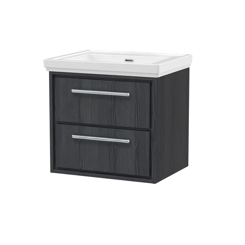 Lille 600mm Wall Hung 2 Drawer Vanity Unit & Traditional Fireclay Basin With No Tap Holes - Graphite Grey Woodgrain