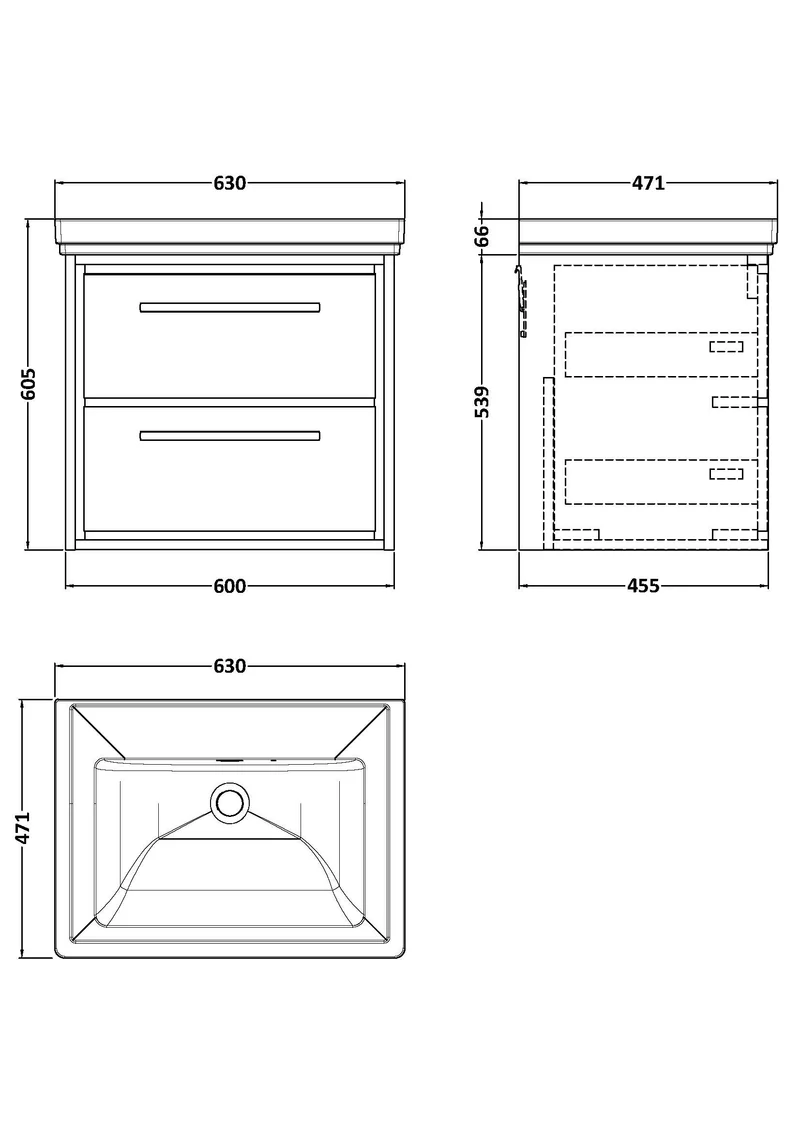 Lille 600mm Wall Hung 2 Drawer Vanity Unit & Traditional Fireclay Basin With No Tap Holes - Graphite Grey Woodgrain