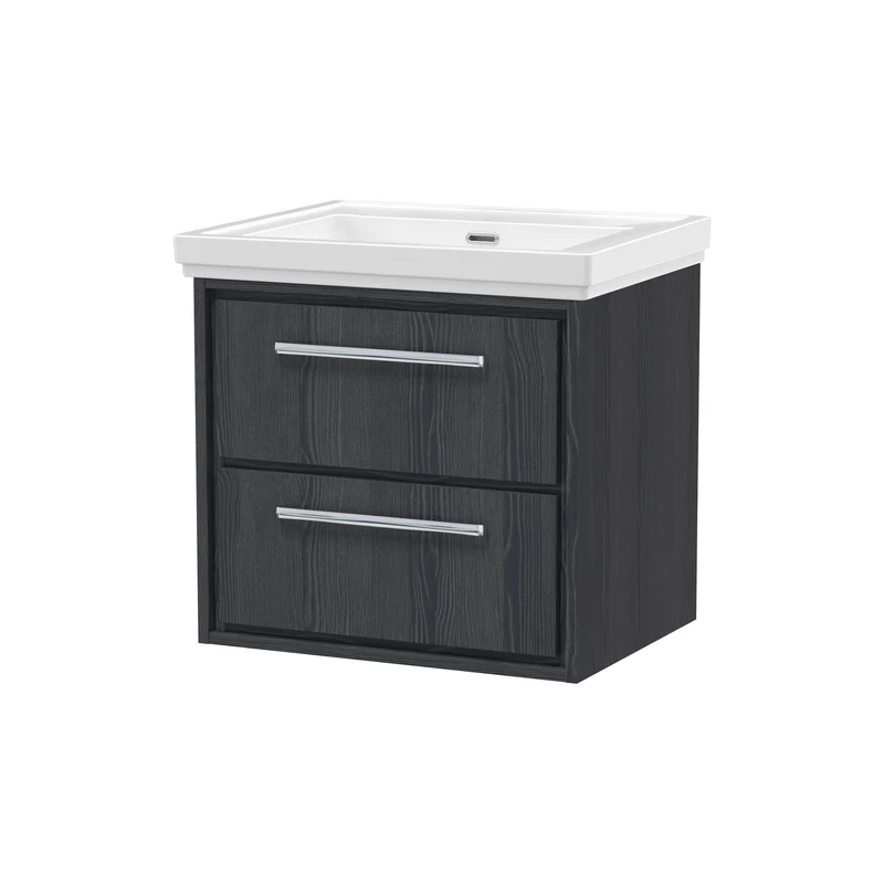 Lille 600mm Wall Hung 2 Drawer Vanity Unit & Traditional Fireclay Basin With No Tap Holes - Graphite Grey Woodgrain