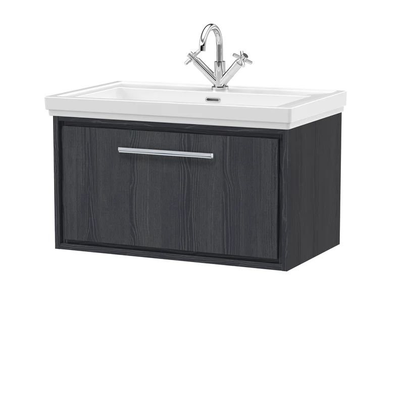 Lille 800mm Wall Hung 1 Drawer Vanity Unit & Traditional Fireclay Basin With 1 Tap Hole - Graphite Grey Woodgrain