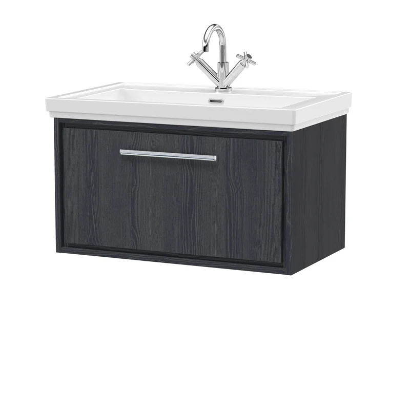 Lille 800mm Wall Hung 1 Drawer Vanity Unit & Traditional Fireclay Basin With 1 Tap Hole - Graphite Grey Woodgrain