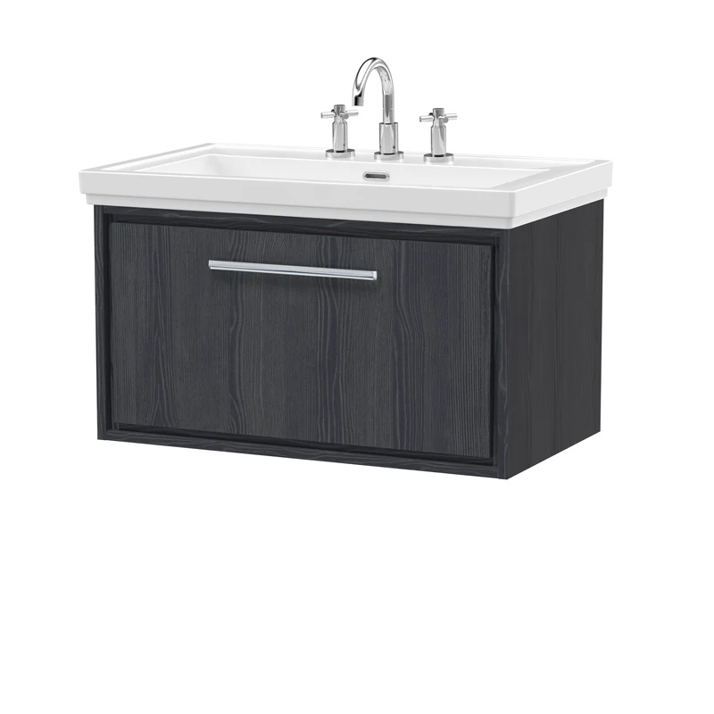 Lille 800mm Wall Hung 1 Drawer Vanity Unit & Traditional Fireclay Basin With 3 Tap Holes - Graphite Grey Woodgrain