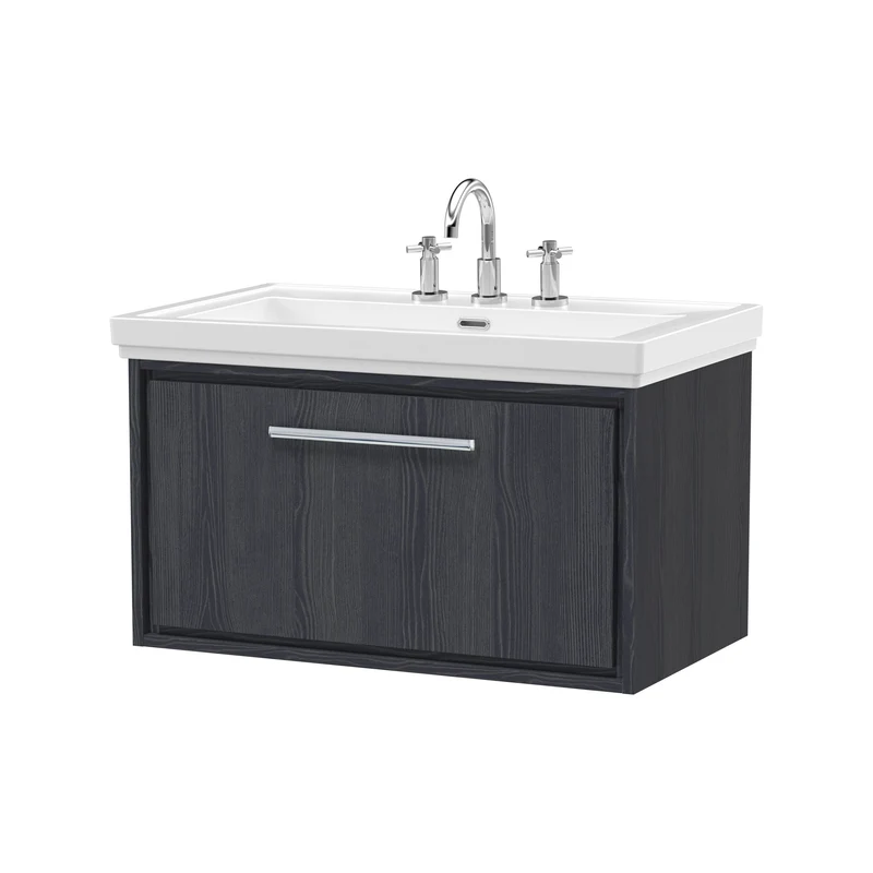 Lille 800mm Wall Hung 1 Drawer Vanity Unit & Traditional Fireclay Basin With 3 Tap Holes - Graphite Grey Woodgrain