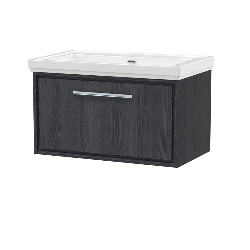 Lille 800mm Wall Hung 1 Drawer Vanity Unit & Traditional Fireclay Basin With No Tap Holes - Graphite Grey Woodgrain