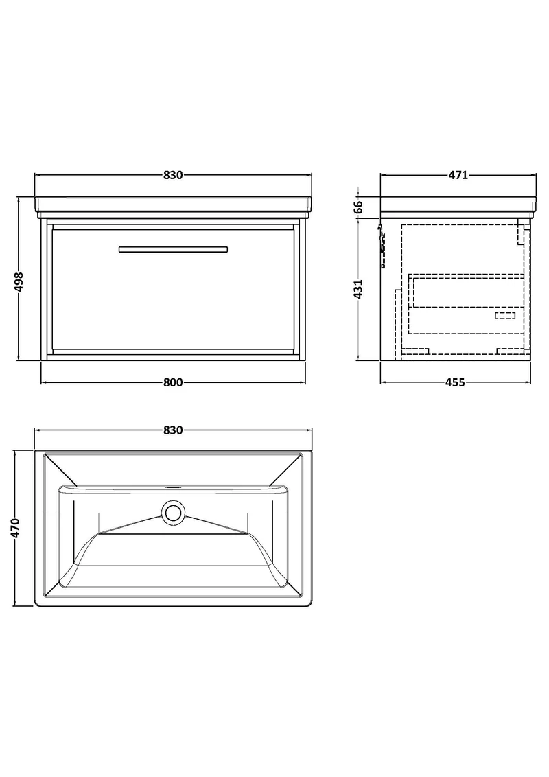 Lille 800mm Wall Hung 1 Drawer Vanity Unit & Traditional Fireclay Basin With No Tap Holes - Graphite Grey Woodgrain