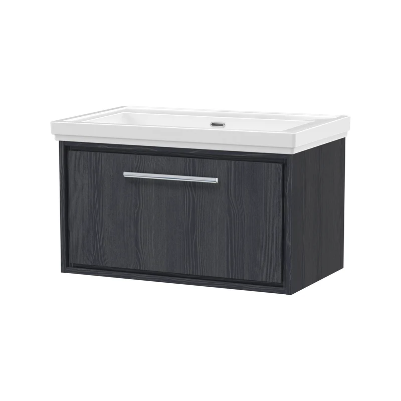 Lille 800mm Wall Hung 1 Drawer Vanity Unit & Traditional Fireclay Basin With No Tap Holes - Graphite Grey Woodgrain