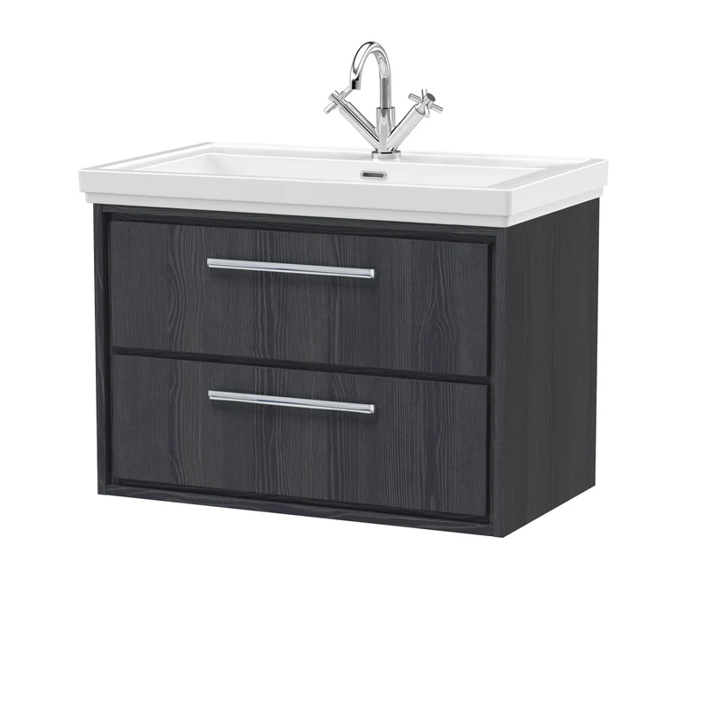 Lille 800mm Wall Hung 2 Drawer Vanity Unit & Traditional Fireclay Basin With 1 Tap Hole - Graphite Grey Woodgrain