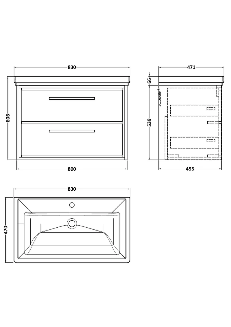 Lille 800mm Wall Hung 2 Drawer Vanity Unit & Traditional Fireclay Basin With 1 Tap Hole - Graphite Grey Woodgrain