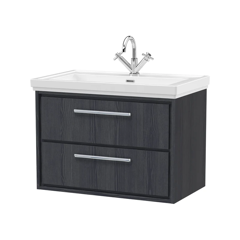 Lille 800mm Wall Hung 2 Drawer Vanity Unit & Traditional Fireclay Basin With 1 Tap Hole - Graphite Grey Woodgrain