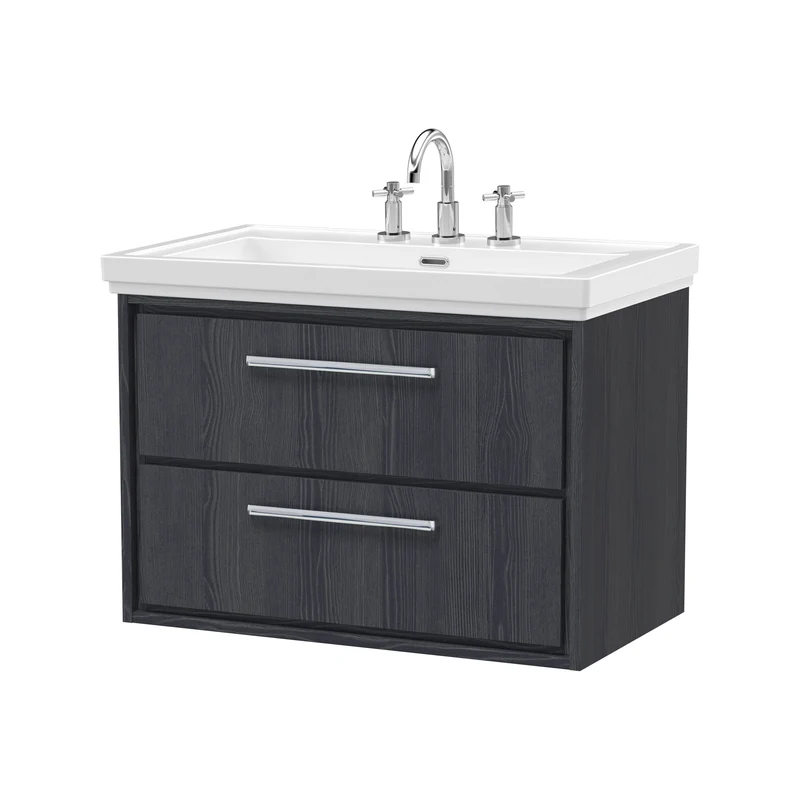 Lille 800mm Wall Hung 2 Drawer Vanity Unit & Traditional Fireclay Basin With 3 Tap Holes - Graphite Grey Woodgrain