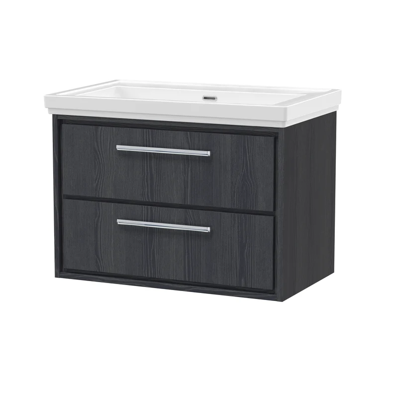 Lille 800mm Wall Hung 2 Drawer Vanity Unit & Traditional Fireclay Basin With No Tap Holes - Graphite Grey Woodgrain