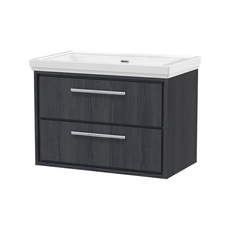 Lille 800mm Wall Hung 2 Drawer Vanity Unit & Traditional Fireclay Basin With No Tap Holes - Graphite Grey Woodgrain