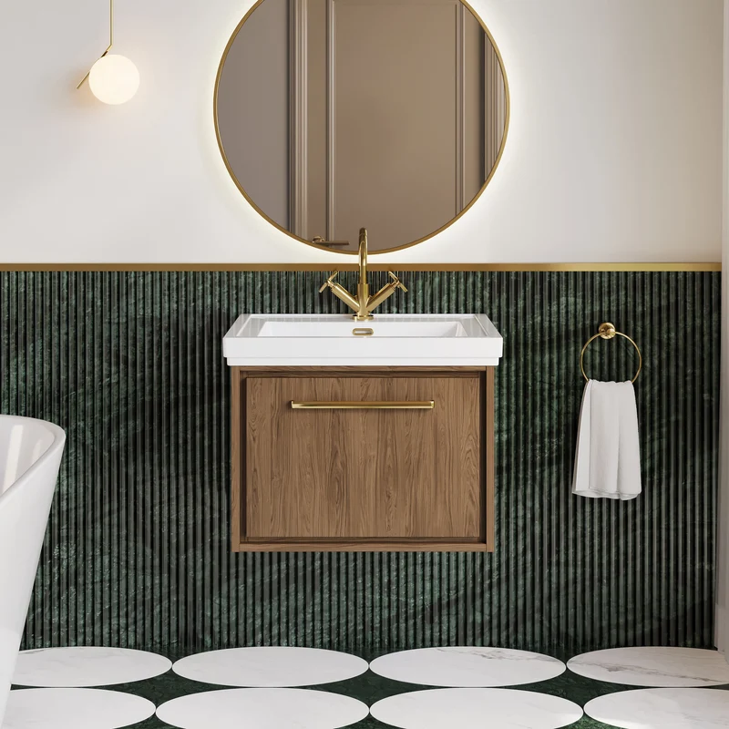 Lille 600mm Wall Hung 1 Drawer Vanity Unit & Traditional Fireclay Basin With 1 Tap Hole - Antique Oak Woodgrain
