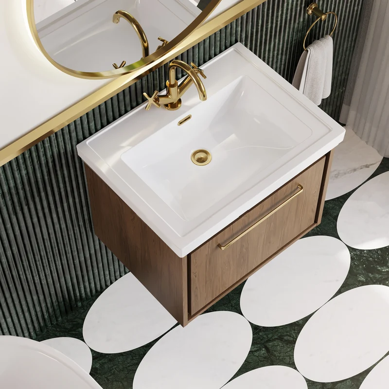 Lille 600mm Wall Hung 1 Drawer Vanity Unit & Traditional Fireclay Basin With 1 Tap Hole - Antique Oak Woodgrain