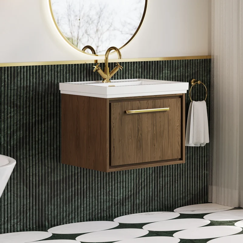 Lille 600mm Wall Hung 1 Drawer Vanity Unit & Traditional Fireclay Basin With 1 Tap Hole - Antique Oak Woodgrain