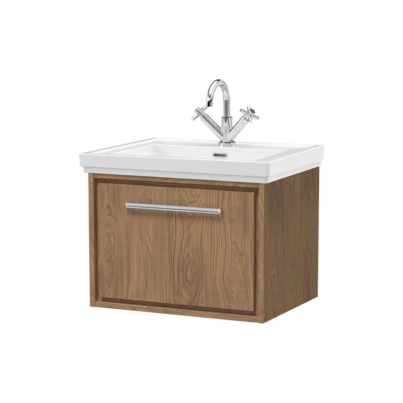 Lille 600mm Wall Hung 1 Drawer Vanity Unit & Traditional Fireclay Basin With 1 Tap Hole - Antique Oak Woodgrain