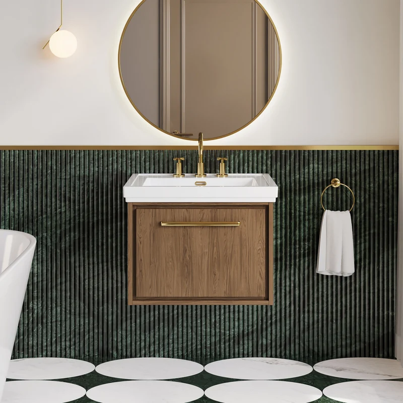 Lille 600mm Wall Hung 1 Drawer Vanity Unit & Traditional Fireclay Basin With 3 Tap Holes - Antique Oak Woodgrain