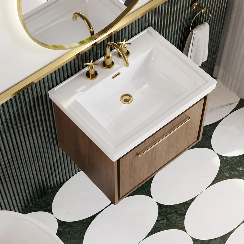 Lille 600mm Wall Hung 1 Drawer Vanity Unit & Traditional Fireclay Basin With 3 Tap Holes - Antique Oak Woodgrain