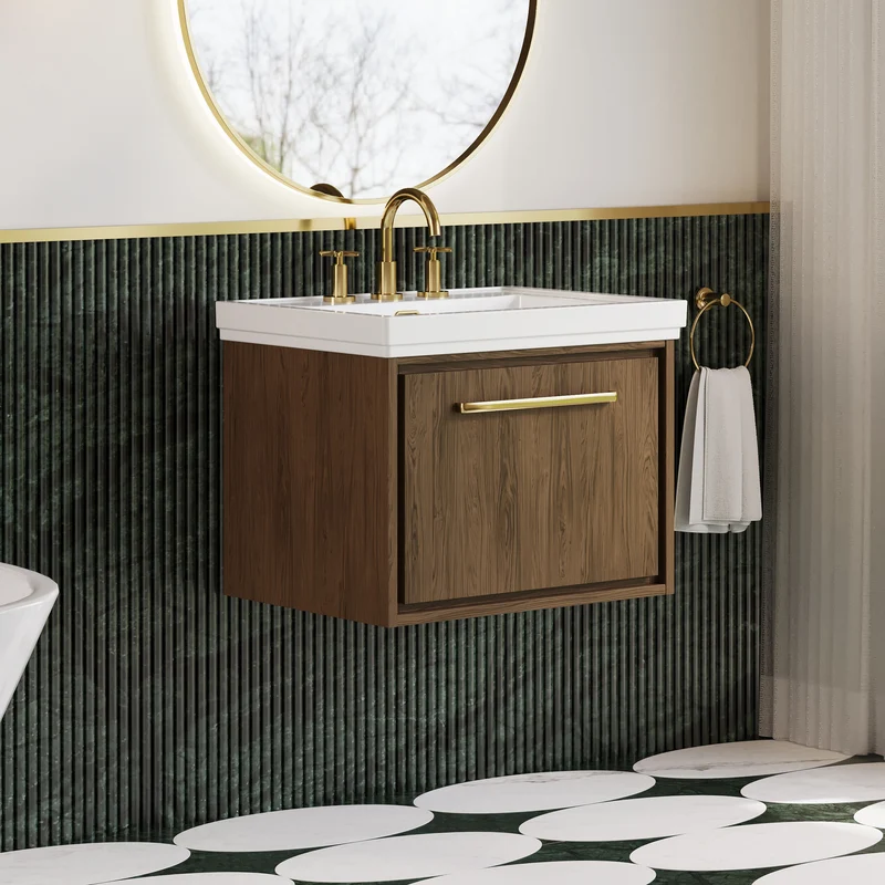 Lille 600mm Wall Hung 1 Drawer Vanity Unit & Traditional Fireclay Basin With 3 Tap Holes - Antique Oak Woodgrain