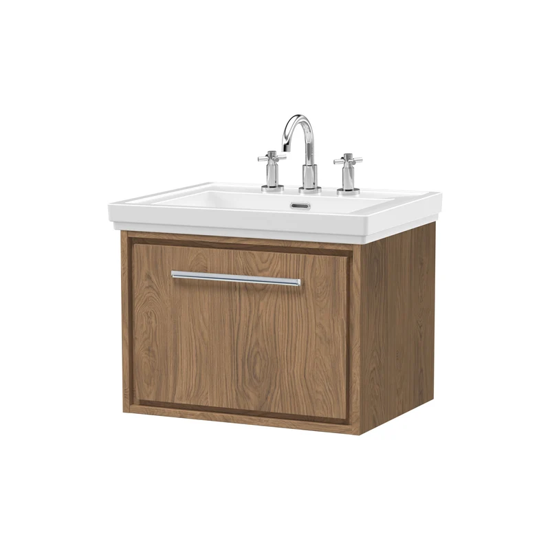 Lille 600mm Wall Hung 1 Drawer Vanity Unit & Traditional Fireclay Basin With 3 Tap Holes - Antique Oak Woodgrain