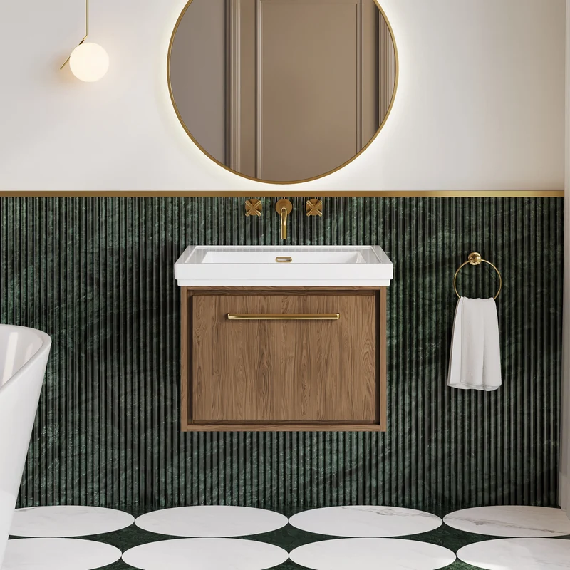 Lille 600mm Wall Hung 1 Drawer Vanity Unit & Traditional Fireclay Basin With No Tap Holes - Antique Oak Woodgrain